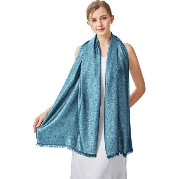 Pashmina Shawl Wraps Scarf Formal - Hollyhock Blue & Gold - Picture 2 of 6